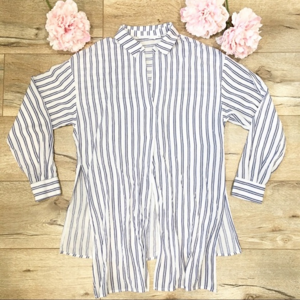 Lush Stripe High-Low Button-Down Tie Front Shirt S - Picture 2 of 8